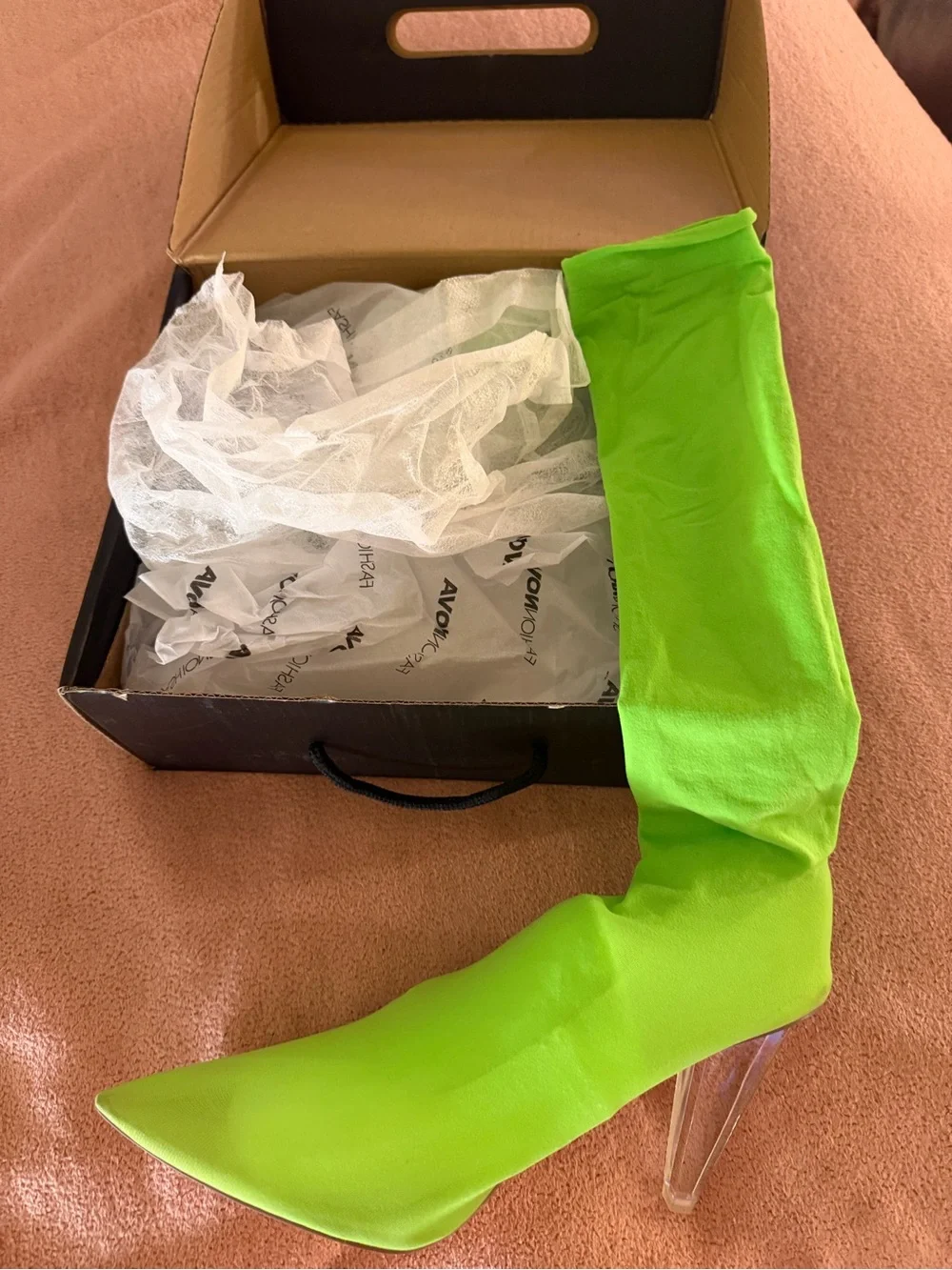 Fashion Nova Neon Green Pointed Sock Boot with Clear Heel